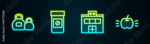 Set line Kettlebell, Anabolic drugs, Gym building and Apple. Glowing neon icon. Vector