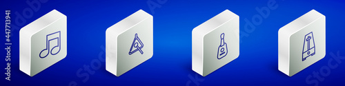 Set Isometric line Music note, tone, Triangle, Guitar and Metronome with pendulum icon. Vector
