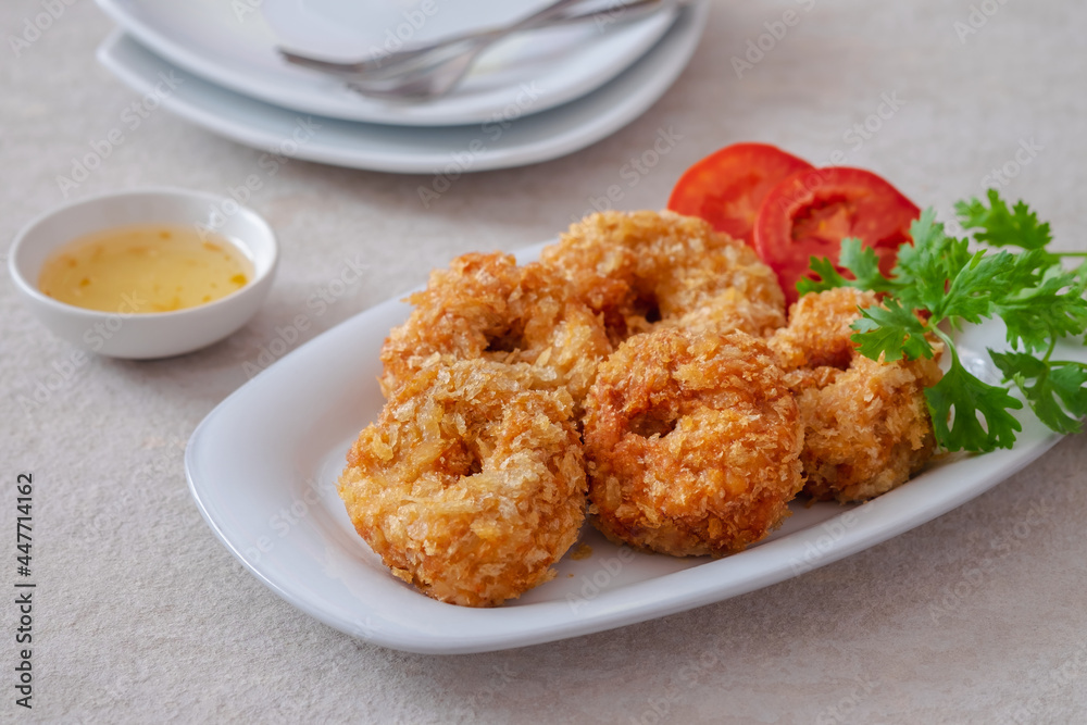 Deep fried shrimp cake on white plate, Thai food Deep fried shrimp cake on white plate, Thai food