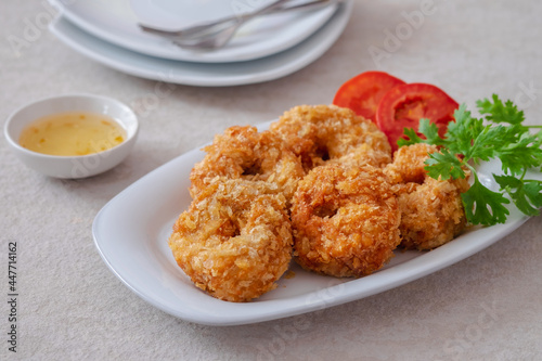 Deep fried shrimp cake on white plate, Thai food