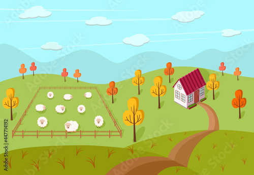 Autumn landscape of a farm, a house and a pasture with sheep. Vector illustration of a village.