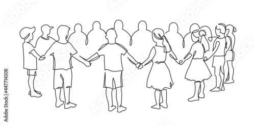 Group of young children holding hands continuous one line drawing. Friendships concept. Happy cute kids in unity.