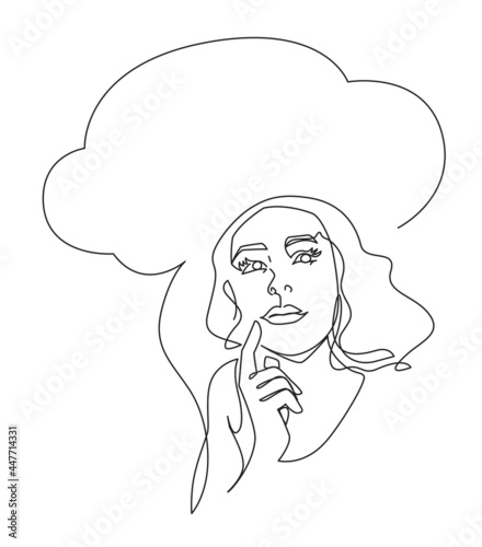 One line illustration of woman have a question. Beautiful woman thinking or making decision and looks up. Speech bubble