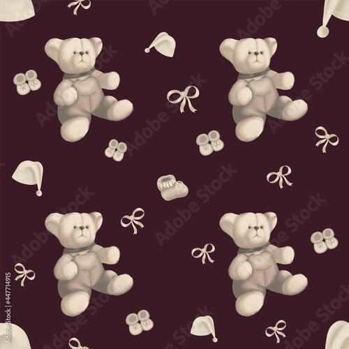 a children's pattern with a teddy bear and various objects for a newborn: a cap, a bow, booties, socks on a burgundy background.
