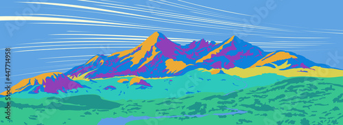 Mountain Landscape, Vector drawing of Cuillin Mountains, on the Isle of Skye in Scotland illustration. Panoramic view. Traveling in the Mountains, climbing. photo