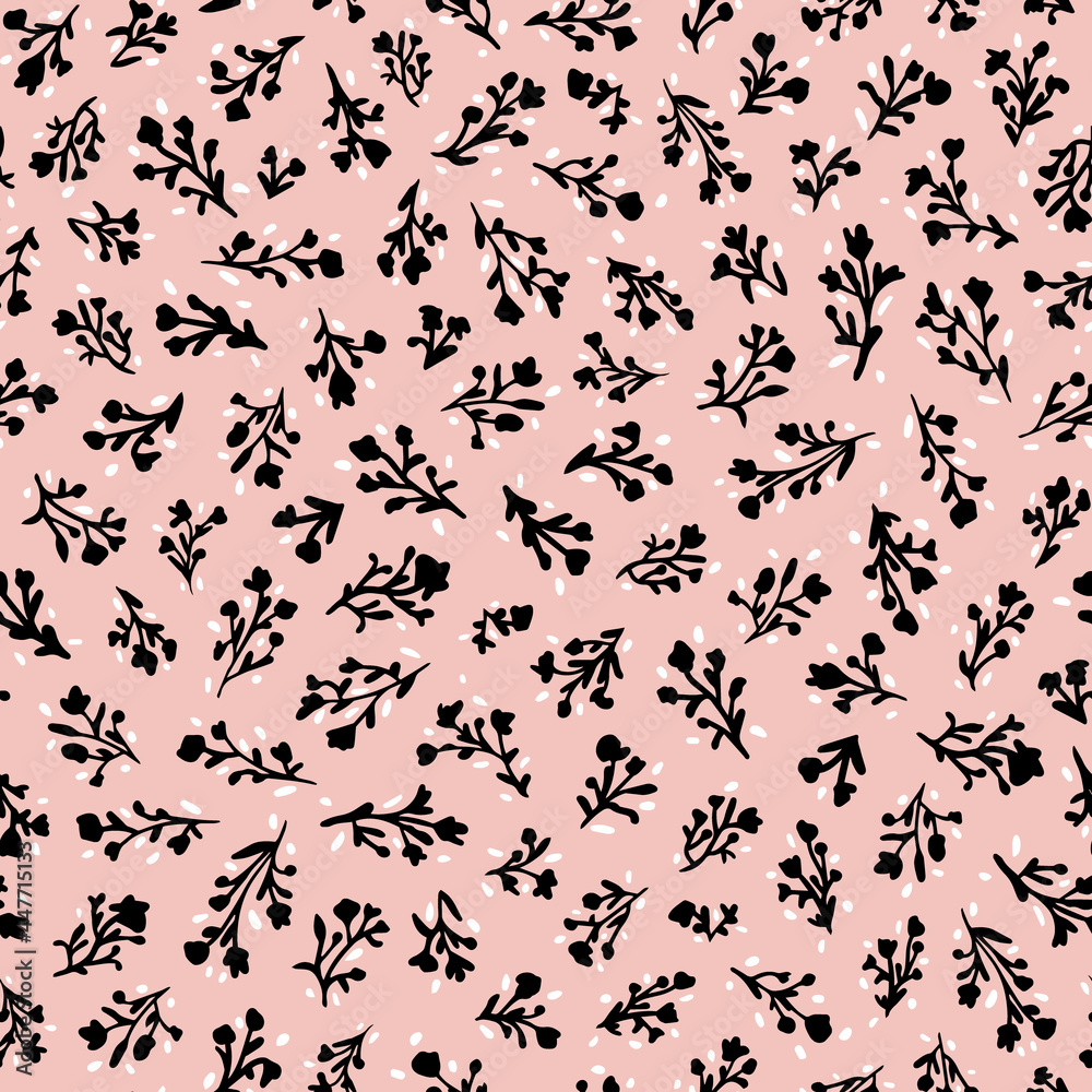 Doodled flowers with leaves and white dots seamless repeat pattern. Random placed, vector botanical and geometrical elements all over surface print on pink background.