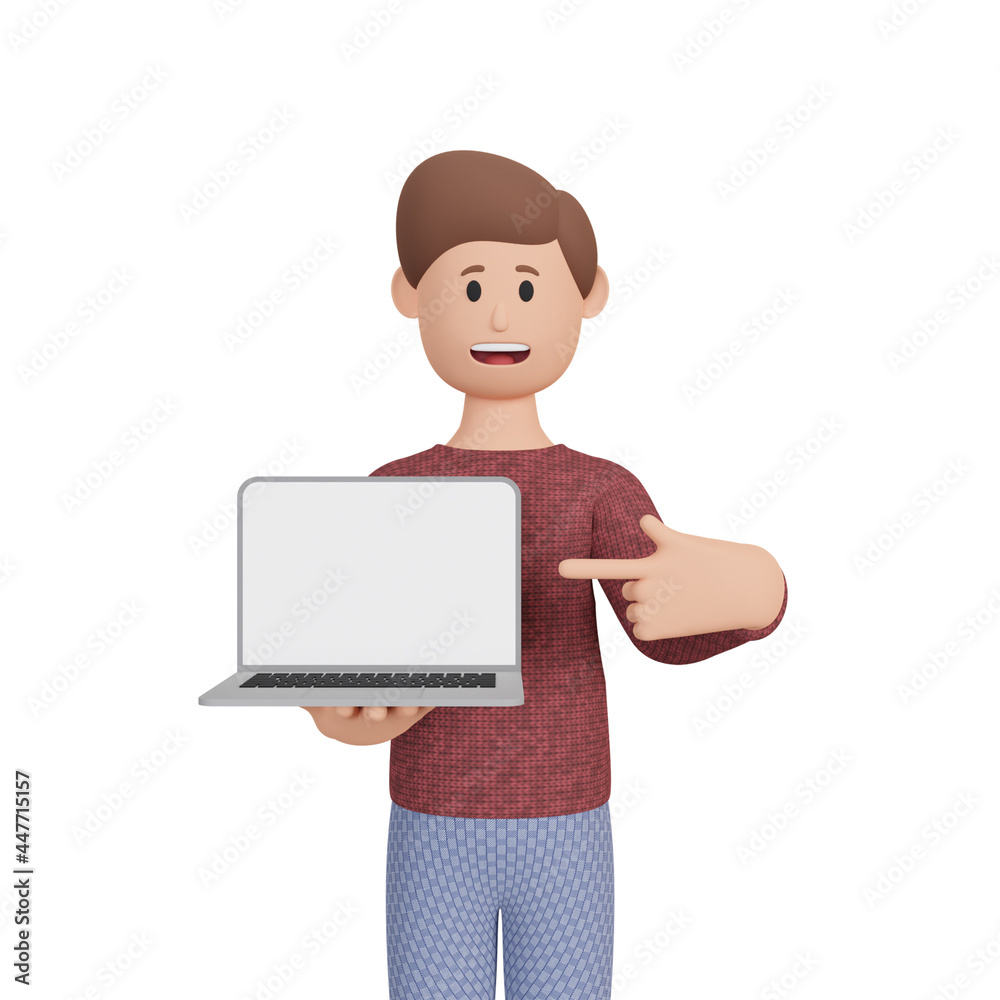 3d rendering man character pointing up laptop 3d rendering man character pointing up laptop