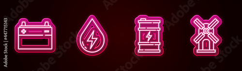Set line Car battery, Water energy, Bio fuel barrel and Wind turbine. Glowing neon icon. Vector