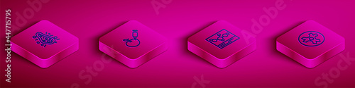 Set Isometric line Bacteria, Genetically modified apple, Chemical formula and Biohazard symbol icon. Vector