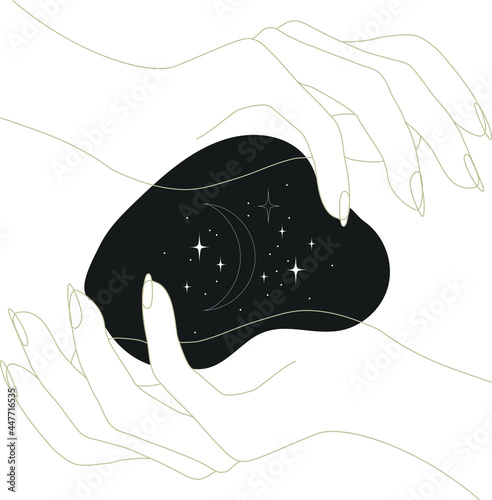 Linear esoteric hands holding cosmos. Ritual magic concept. Hand drawn magic logo. Mystical illustration for tattoo, print, sublimation, sticker and other ideas.  (ID: 447716535)