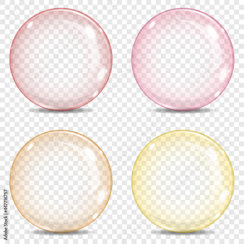 Four Big transparent glass sphere, bubble with a rainbow colors, red, pink, orange, yellow, glares and shadow, on a plaid background.