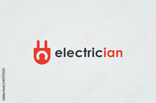 Electrician Logo. Red Plug Icon with Negative Space People Symbol inside isolated on White Background. Flat Vector Logo Design Template Element for Electricity Logos.