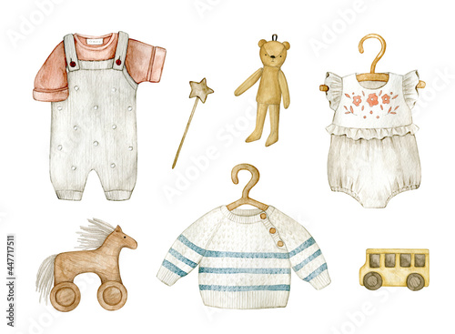 Valokuva Watercolor illustration set with baby clothes and toys