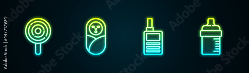 Set line Lollipop, Newborn baby infant swaddled, Baby Monitor Walkie Talkie and bottle. Glowing neon icon. Vector