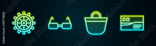 Set line Ship steering wheel, Glasses, Beach bag and Postcard travel. Glowing neon icon. Vector