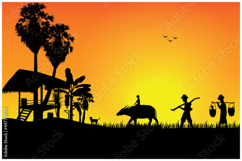 silhouette lifestyle of people at countryside vector design,one family go to paddy field