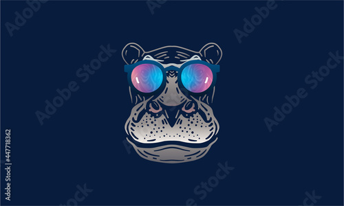 Hippopotamus with sunglasses, head illustration, vector, hand drawn, isolated on black background.