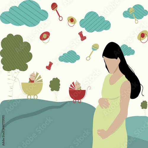 Poster with a Happy pregnant woman hold her belly, dream with the baby and walk in the park.
flat design card, vector illustration.