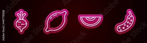 Set line Beet, Lemon, Melon fruit and Fresh cucumber. Glowing neon icon. Vector