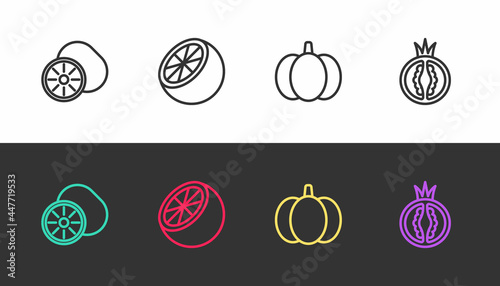 Set line Kiwi fruit, Orange, Pumpkin and Tomato on black and white. Vector