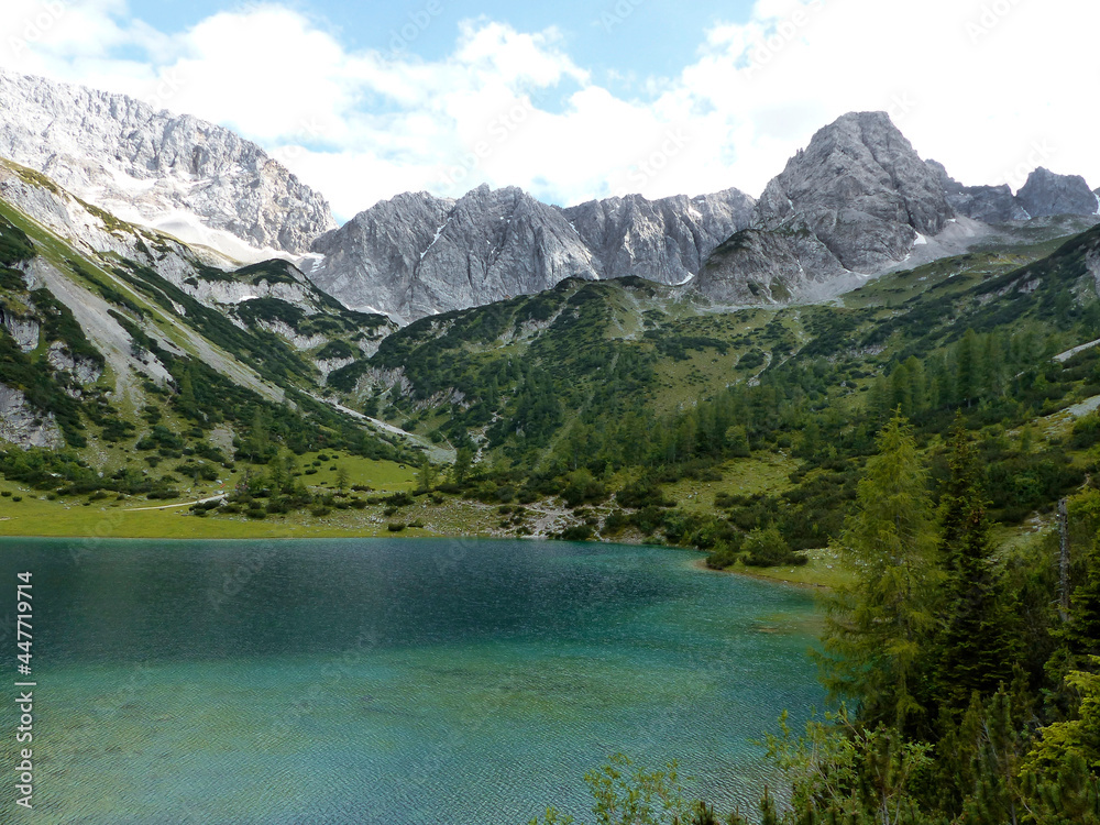 Mountain panorama view at lake Seebensee in Tyrol, Austria