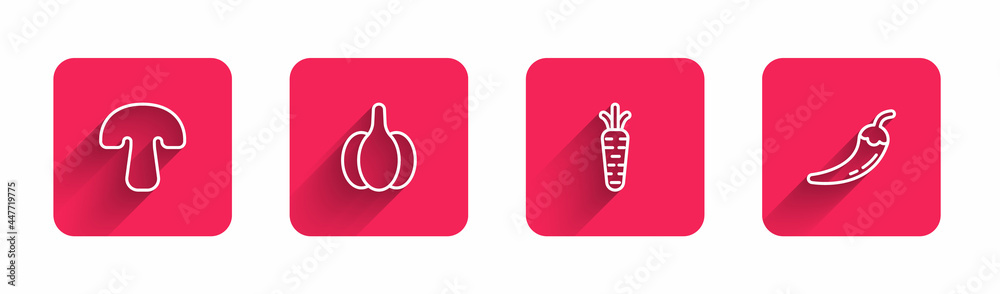 Set line Mushroom, Garlic, Carrot and Hot chili pepper pod with long shadow. Red square button. Vector Set line Mushroom, Garlic, Carrot and Hot chili pepper pod with long shadow. Red square button. Vector