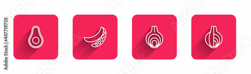 Set line Avocado fruit, Green peas, Onion and with long shadow. Red square button. Vector