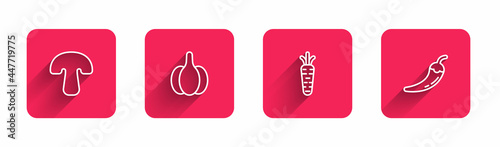 Set line Mushroom, Garlic, Carrot and Hot chili pepper pod with long shadow. Red square button. Vector