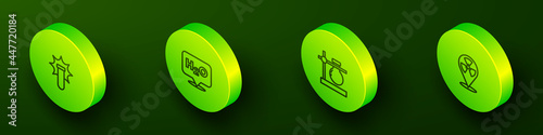 Set Isometric line Chemical explosion, formula for H2O, Test tube flask stand and Radioactive in location icon. Vector