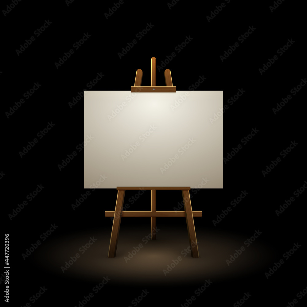 Wooden easel canvas board isolated stand in dark. Blank empty vector easel poster billboard Wooden easel canvas board isolated stand in dark. Blank empty vector easel poster billboard