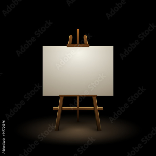 Wooden easel canvas board isolated stand in dark. Blank empty vector easel poster billboard