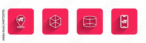 Set line Square root of x glyph, Geometric figure Cube, Cylinder and with long shadow. Red square button. Vector © Kostiantyn