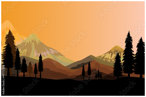 silhouette pine tree and mountain background vector design