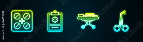 Set line Pills in blister pack, Clinical record, Stretcher and Medical scissors. Glowing neon icon. Vector