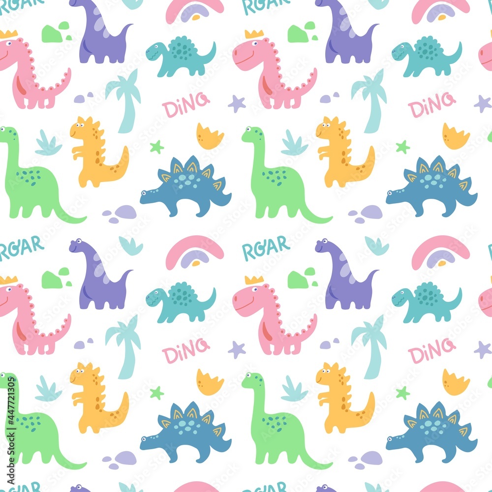 Fototapeta premium Dinosaurus cute seamless pattern with rainbow, palm tree, stone, branch isolated on white background. Vector flat illustration. Design for childish textile, fabric, wallpaper, wrapping