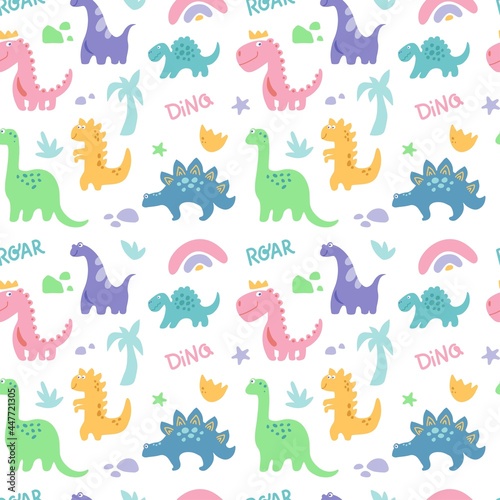 Dinosaurus cute  seamless pattern with rainbow, palm tree, stone, branch isolated on white background. Vector flat illustration. Design for childish textile, fabric, wallpaper, wrapping