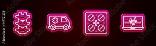 Set line Human spine, Emergency car, Pills blister pack and Laptop with cardiogram. Glowing neon icon. Vector