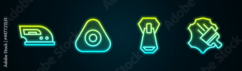 Set line Electric iron, Sewing chalk, Zipper and Leather. Glowing neon icon. Vector