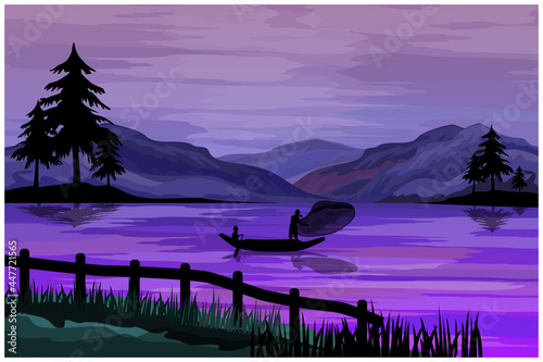 silhouette agriculturist fishing with a net at a lake vector design
