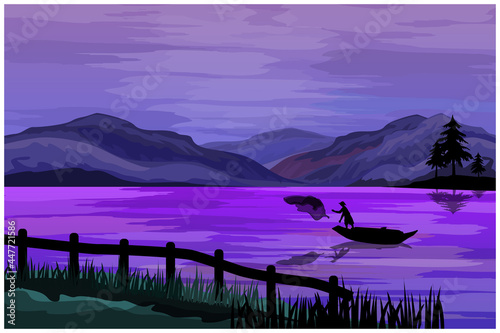 silhouette agriculturist fishing with a net at a lake vector design