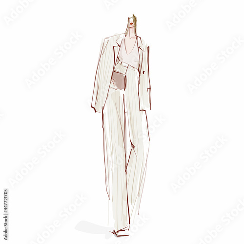 Young stylish elegant woman, model. Fashion illustration in sketch style. Vector