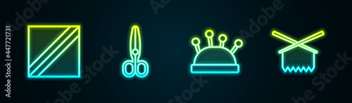 Set line Textile fabric roll, Scissors, Needle bed and needles and Knitting. Glowing neon icon. Vector