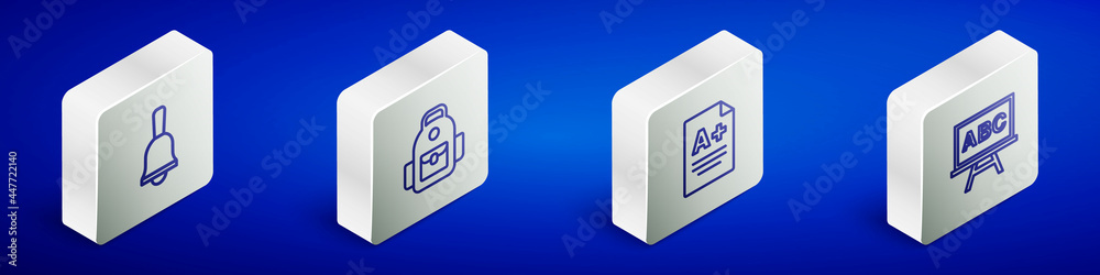 Set Isometric line Ringing bell, School backpack, Exam sheet with A plus grade and Chalkboard icon. Vector Set Isometric line Ringing bell, School backpack, Exam sheet with A plus grade and Chalkboard icon. Vector