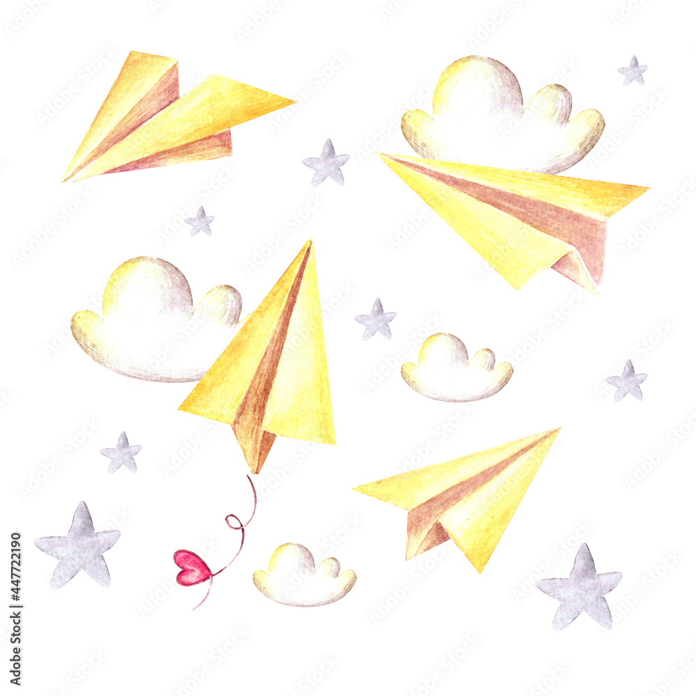 A set of paper planes in the clouds. Watercolor illustration. Collection. Heart. Gentle. Design. Art. Postcard. Cute. Beautiful. Child. Handmade work. Print on the fabric. Stars. Yellow.