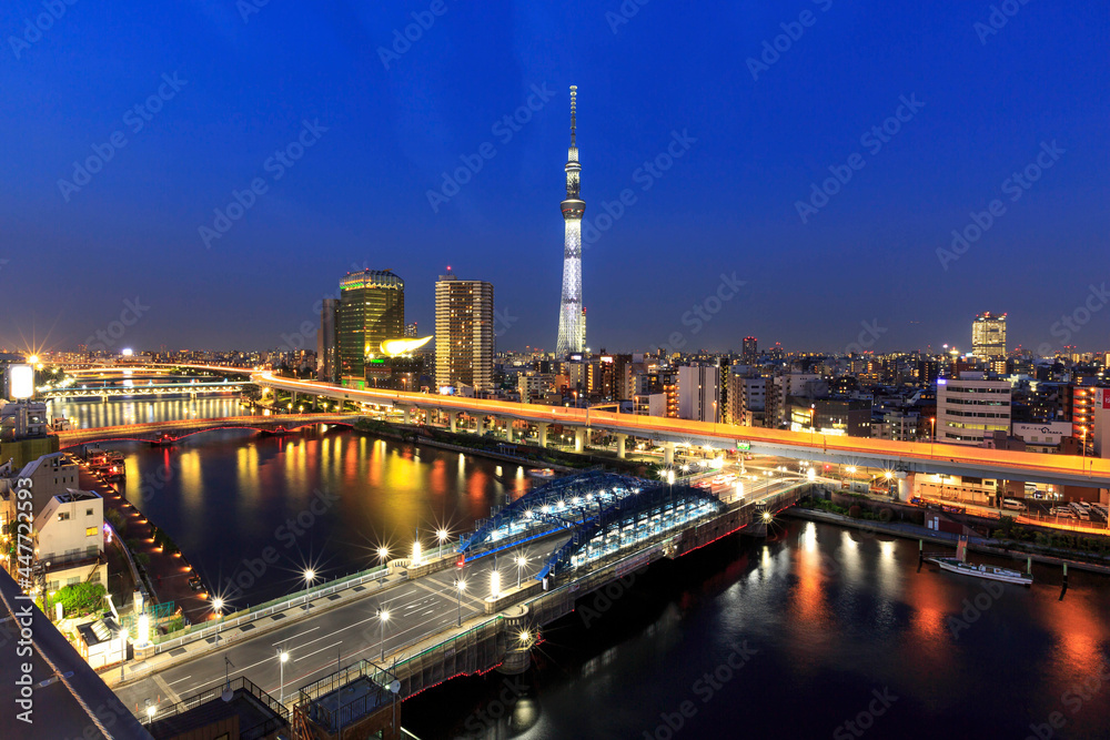 Tokyo, Japan Sumida river and skyline digital signal network for olympic game  and business, internet of thing.