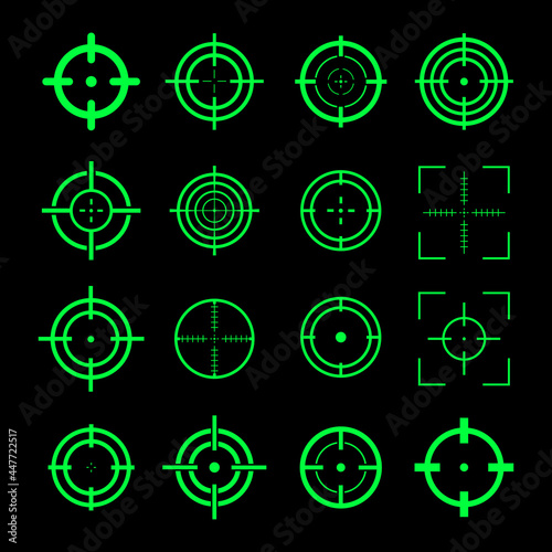 Target destination icon set. Green aiming marks sniper shoot group. Crosshair of sniper. Focus cursor bull eye mark collection. Game elements concept. Vector isolated on black background