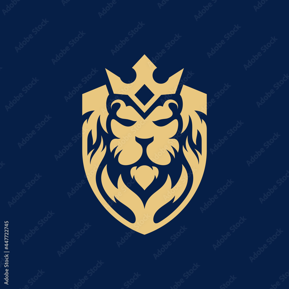Royal king lion crown symbols. Elegant gold Leo animal logo. Premium luxury brand identity icon. Vector illustration.