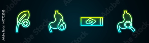 Set line Leaf or leaves, Stomach heartburn, Blood test and virus and with magnifying glass. Glowing neon icon. Vector