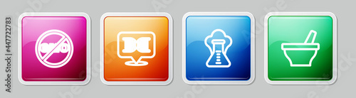 Set line No GMO, DNA symbol, Chemical explosion and Mortar and pestle. Colorful square button. Vector