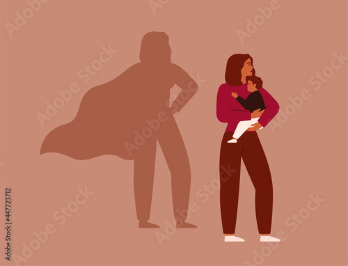 Strong working woman holds her child on the background female's shadow in the cape as a superhero. Maternity and career concept. Vector illustration